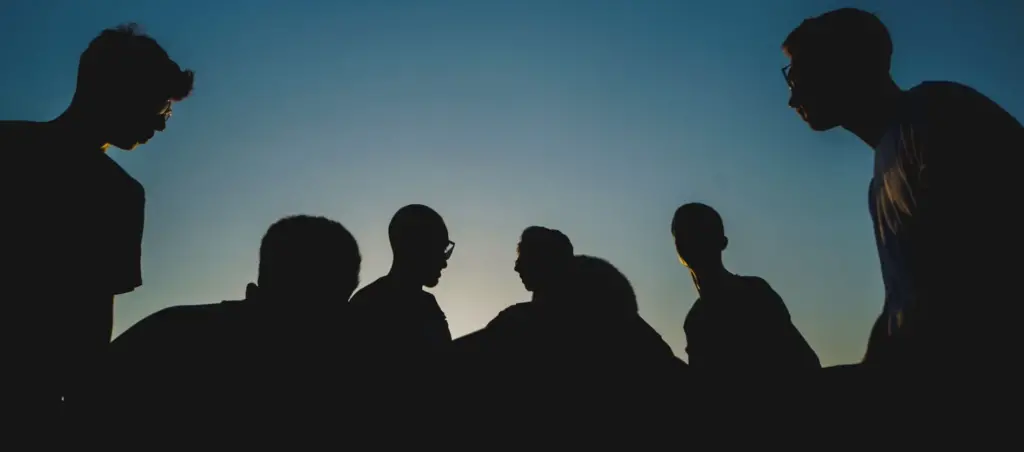 Silhouettes of six individuals standing against a sunset sky.